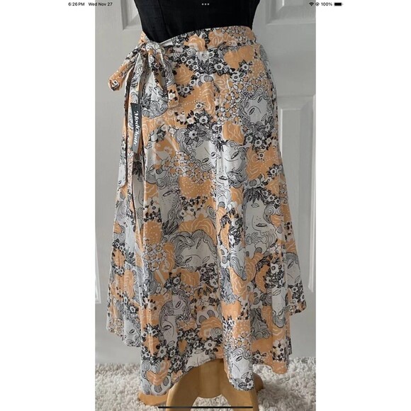 Modcloth Peeking at Perfection Wm’s Sz 16 A-Line Wrap Skirt Floral Peach Orange - Picture 2 of 11